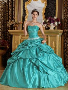 Teal Strapless Floor-length Dress For Quinceanera with Appliques and Pick-ups