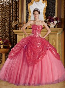 Coral Red Sweetheart A-line Sweet 15 Dresses with Sequins in Cedar Grove