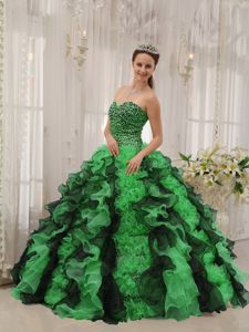 Beaded Green Sweetheart Organza Quinceanera Dress with Ruffles in Cable