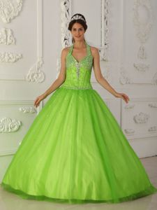 A-line Halter Floor-length Spring Green Dresses For Quince with Beading
