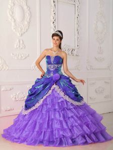 Strapless Floor-length Quinceanera Dress in Blue and Purple with Appliques