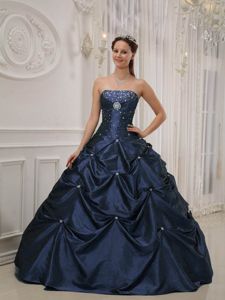 Navy Blue Strapless Floor-length Quinceanera Gown Dresses with Pick-ups
