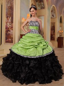 Yellow Green and Black Strapless Floor-length Quince Dresses with Pattern