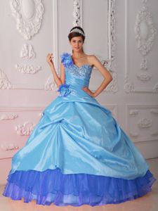 Blue One Shoulder Floor-length Sweet 16 Dress with Flowers and Pick-ups