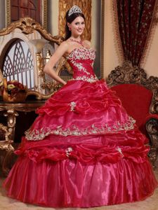 Appliqued Strapless Red Quinceanera Gown Dress with Pick-ups in Alma
