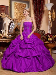 Purple Strapless Floor-length Sweet Sixteen Dress with Pick-ups in Eleva