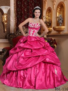 Strapless Princess Quince Dress in Hot Pink with Pick-ups and Appliques