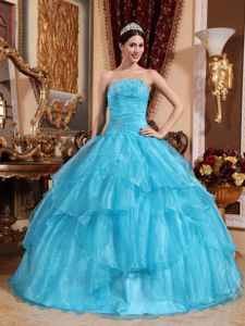 Hot Strapless Floor-length Quinceanera Gown in Aqua Blue with Beading