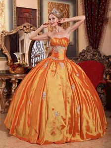 Strapless Princess Orange Dresses for Quince with Appliques in Daviston