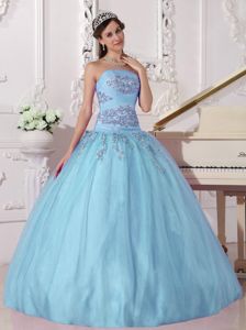 Sky Blue Strapless Floor-length Quince Dress with Appliques in Dawson
