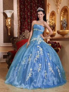 Strapless Floor-length Blue Sweet 15 Dresses with Appliques in Cragford