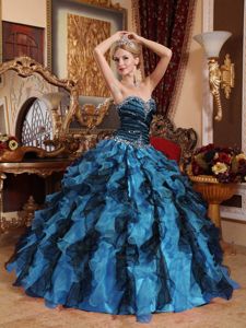 Blue and Black Sweetheart Sweet Sixteen Dress with Beading and Ruffles