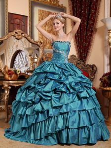 Strapless Floor-length Teal Sweet 15 Dress with Appliques and Pick-ups