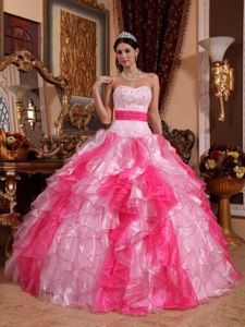 Ruffled Sweetheart Quinceanera Dresses in Pink and Red with Beading