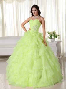 Latest Sweetheart Ruffled Beaded Yellow Green Sweet 16 Dress on Discount
