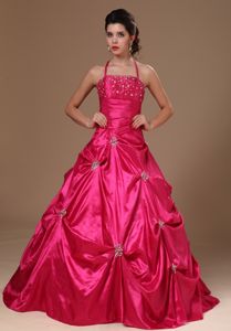 Halter Beaded Hot Pink a-Line Quinces Dresses with Pick-ups in Fashion