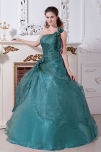 Impressive One Shoulder Beaded Turquoise Quinceanera Dress in Organza