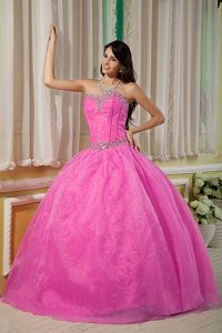 Newest Organza Rose Pink Beaded Quinceanera Gown Dress under 200