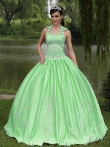 Classy Halter Appliqued Yellow Green Quinceanera Dress in Ramona USA