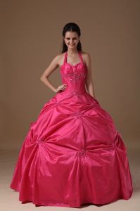 Recommended Halter Coral Red Dresses for Quinceanera with Pick-ups