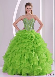Luxurious Beaded Ruffled Spring Green Quinceanera Dress with Sweetheart Neck