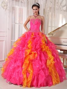 Trendy Hot Pink and Orange Ruffled Quince Dresses with Paillette on Sale