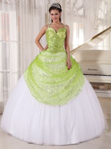 Impressive Sequin Tulle White and Yellow Green Sweet 16 Dress in Style