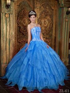 Strapless Appliqued Ruffled Aqua Blue Quinceanera Gown Fast Shipping