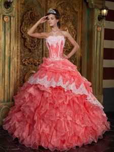 Special Design Ruffled Watermelon Quinceaneras Dress with Lace Decoration
