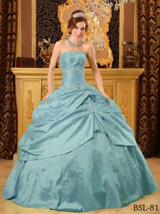 Beautiful Strapless Aqua Blue Quinces Dress with Embroidery and Pick-ups