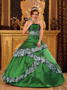 Impressive Zebra Print Appliqued Green Quinceanera Dress on Discount