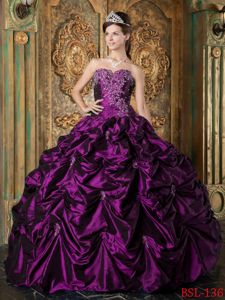 Ball Gown Eggplant Purple Quinces Dresses with Appliques and Pick-ups