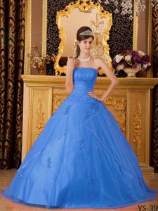 Beautiful Strapless Beaded Appliqued Blue Quinceanera Gown in Fashion