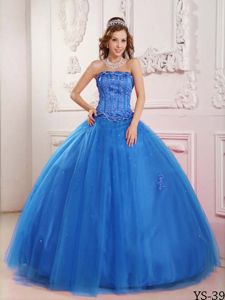 Elegant Strapless Tulle with Embroidery and Beading Blue Quinceanera Dress