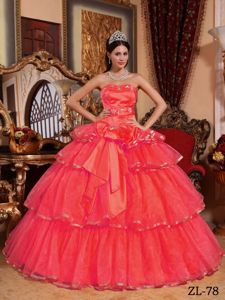 Coral Red Ball Gown Strapless Organza Sweet Sixteen Dress with Bowknot