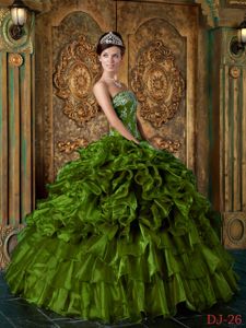 Olive Green Strapless Organza Ruffles and Appliques Quinceanera Dress