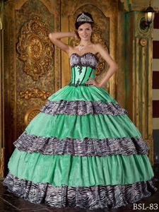 Luxurious Green Ball Gown Sweetheart Zebra and Ruffles Quinceanera Dress