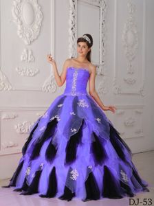 Purple and Black Princess Strapless Organza Appliques Quinceanera Dress
