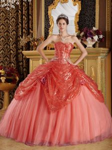 Rust Red Sweetheart Sequined and Tulle Handle Made Flowers Quinceanera Dress
