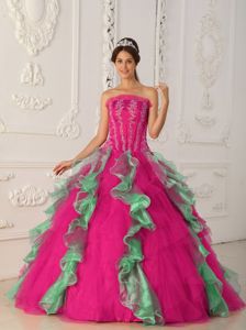 Hot Pink and Green Strapless Appliques and Beading Sweet Sixteen Dress