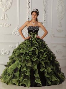 Green and Black Sweetheart Organza Beading and Ruffles Quinceanera Dress