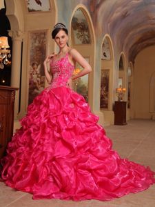 Red Spaghetti Straps Organza Embroidery Quinceanera Dress with Court Train