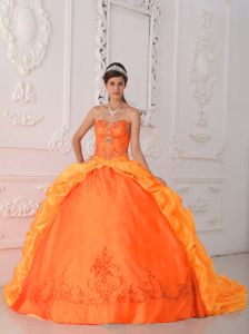 Orange Red Sweetheart Sweep Train Beading and Appliques Quinceanera Dress