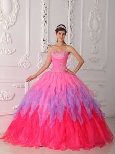 Hot Pink Sweetheart Organza Beading and Ruching Quinceanera Dress in Tulsa