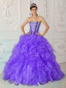 Purple Ball Gown Strapless Organza Appliques and Ruffles Quinceanera Dress