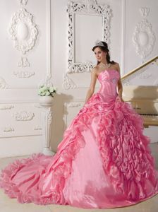 2014 Pink Strapless Taffeta Beading Sweet Sixteen Dress with Chapel Train