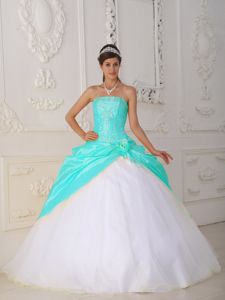 Baby Blue and White Strapless Appliques and Hand Flower Quinceanera Dress