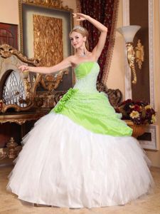 Beautiful Green and White Strapless Hand Made Flowers Quinceanera Dress