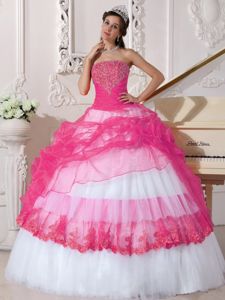 Hot Pink and White Strapless Taffeta and Organza Appliques Quince Dress