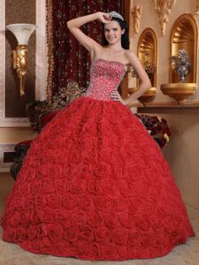 Red Fabric With Rolling Flowers Strapless Beading Quinceanera Gown Dress